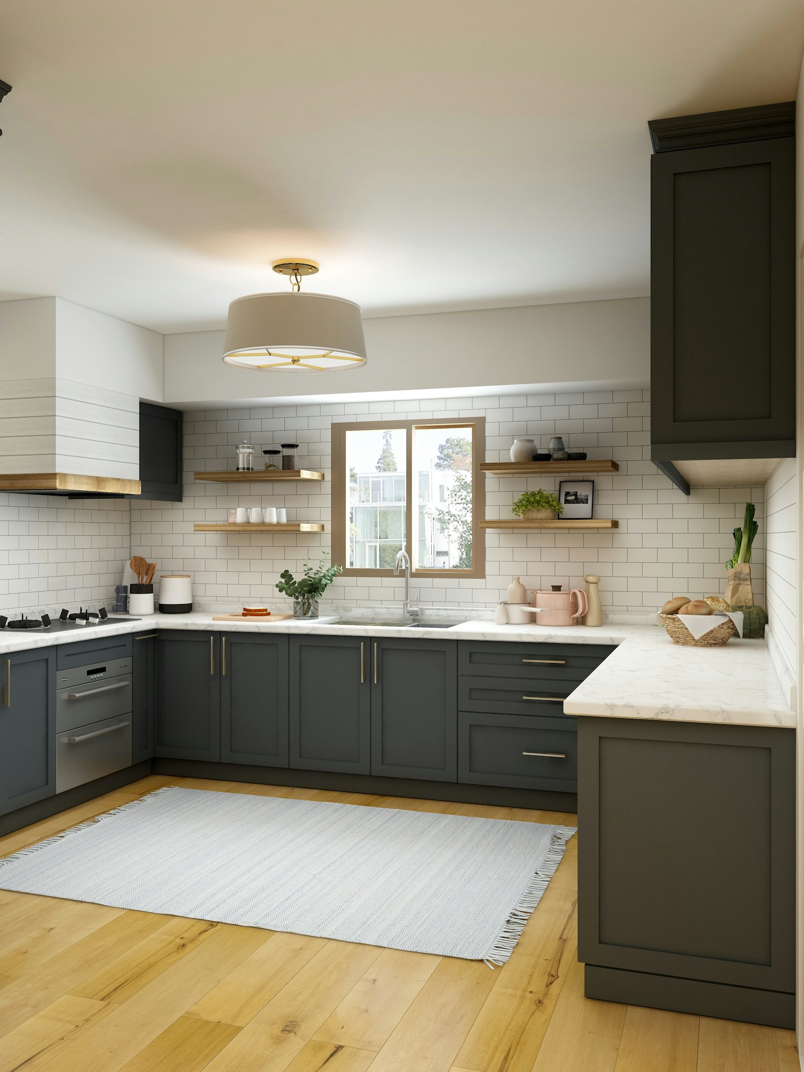 Light oak floor under kitchen cabinets