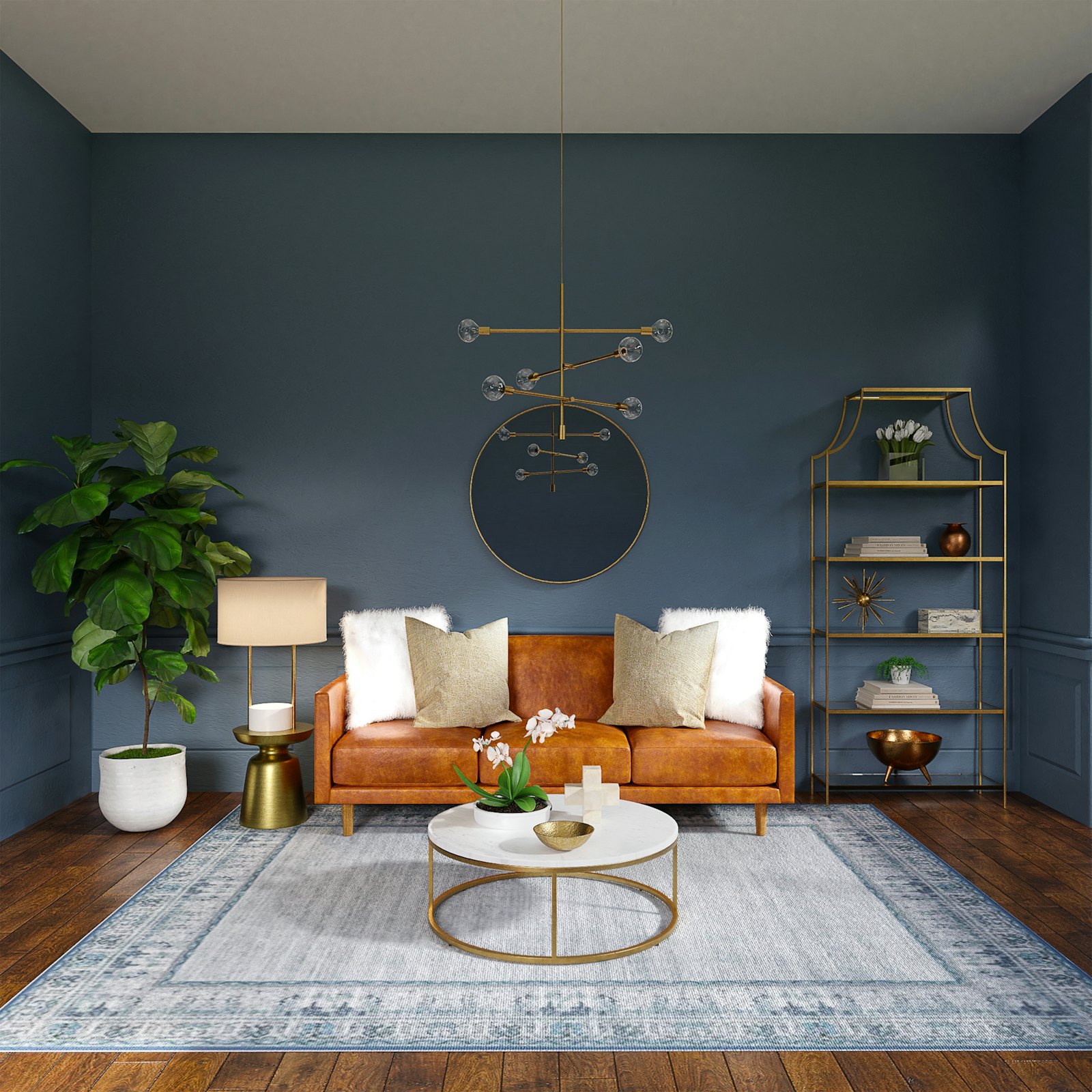 Dark hardwood floor visible around a large rug